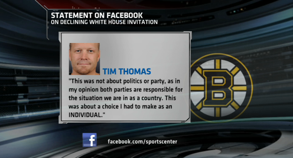 Tim Thomas put himself above team Bruins goalie picked inappropriate time, venue to make personal statement