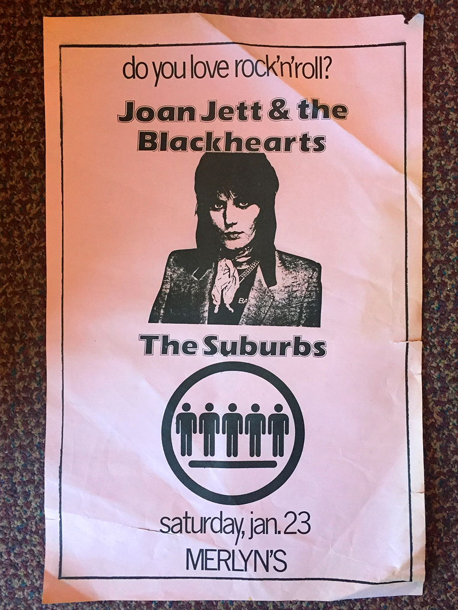 Poster for Joan Jett & the Blackhearts at Merlyn's in Madison Wisconsin January 23, 1982 with the Suburbs 
